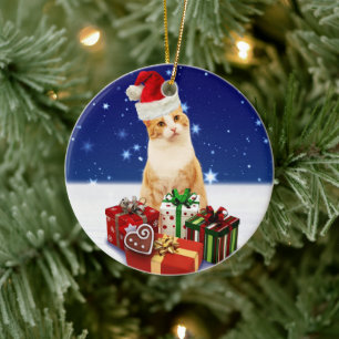 Santa Claus Cat with Christmas Gift Ceramic Ornament