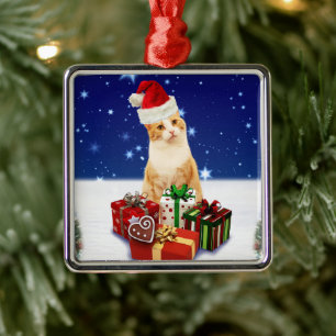 Santa Claus Cat with Christmas Gift Metal Ornament