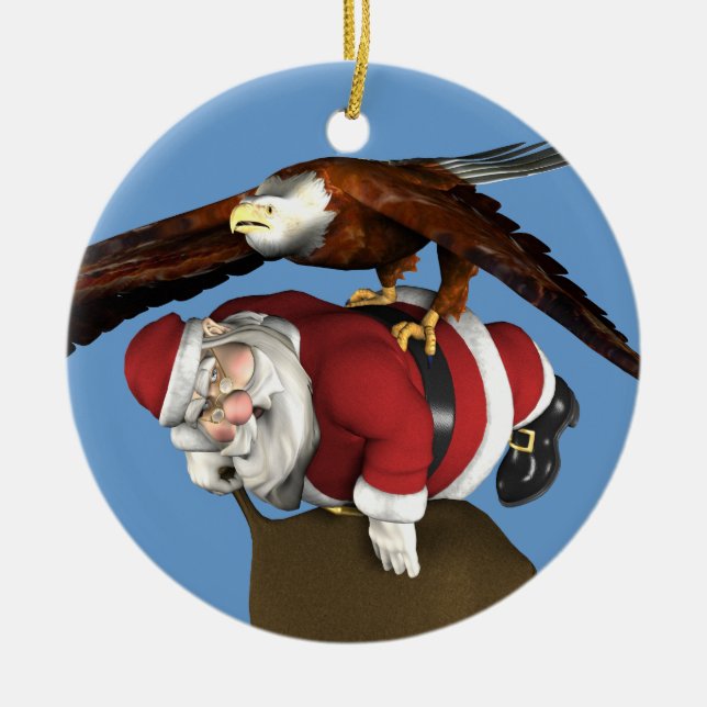 Santa Claus Caught By Bald Eagle Ceramic Ornament (Front)
