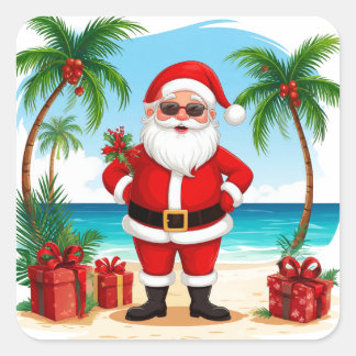 Santa Claus Celebrating Christmas tropical Beach Square Sticker