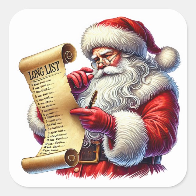 Santa Claus Checking His Long List of Gifts Square Sticker (Front)