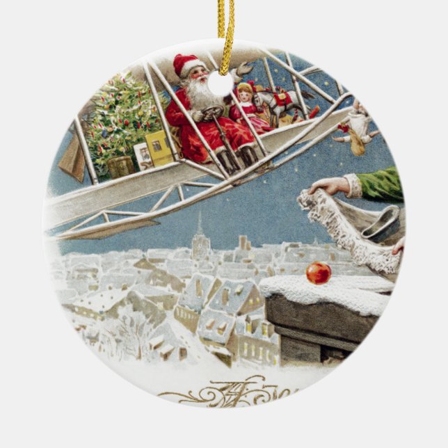 Santa Claus Children Christmas Vintage Ceramic Ornament (Front)