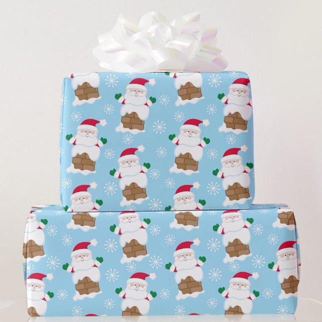 Santa Claus Chimney on Blue Snow Christmas Gift Wrapping Paper (Creator Uploaded)