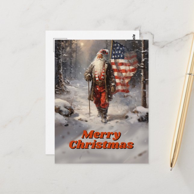 Santa Claus Christmas American Flag Postcard (Front/Back In Situ)