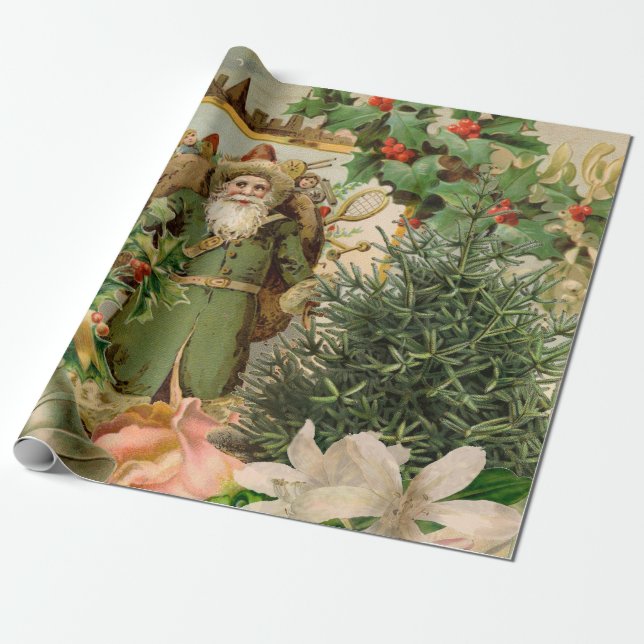 Santa Claus Christmas Antique Beautiful Art Wrapping Paper (Unrolled)