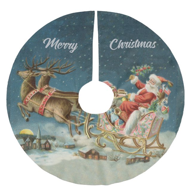 Santa Claus Christmas Antique Sleigh Reindeer Brushed Polyester Tree Skirt (Front)