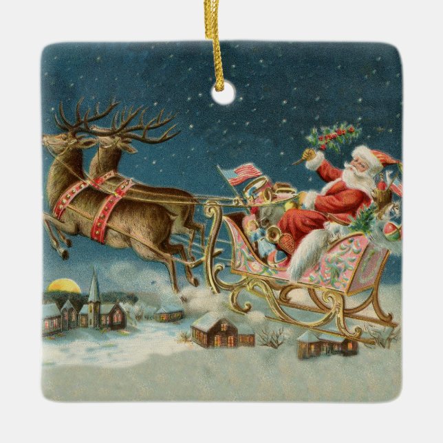 Santa Claus Christmas Antique Sleigh Reindeer Ceramic Ornament (Front)