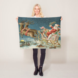 Santa Claus Christmas Antique Sleigh Reindeer Fleece Blanket