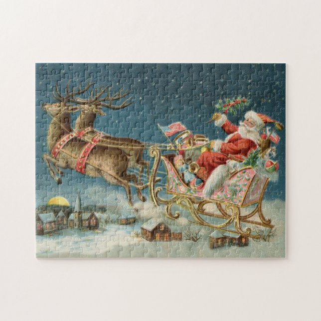Santa Claus Christmas Antique Sleigh Reindeer Jigsaw Puzzle (Horizontal)