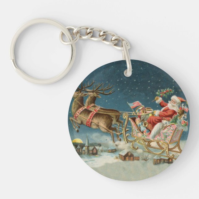 Santa Claus Christmas Antique Sleigh Reindeer Key Ring (Front)