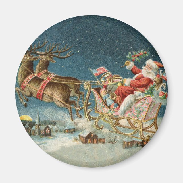 Santa Claus Christmas Antique Sleigh Reindeer Magnet (Front)
