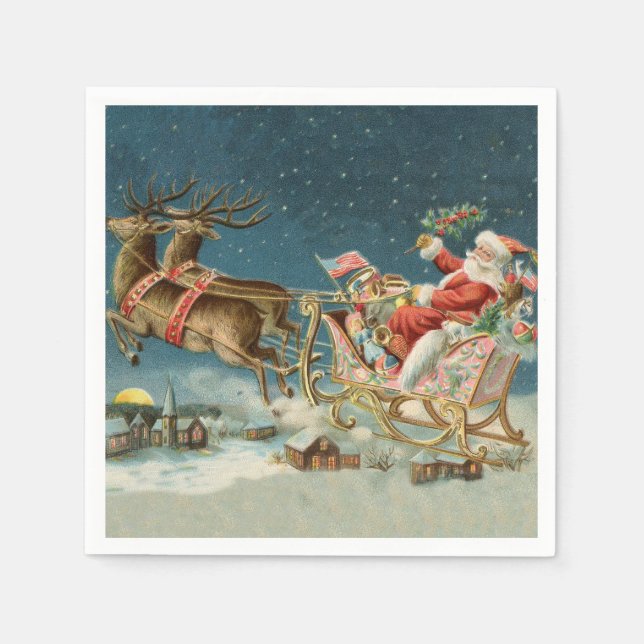 Santa Claus Christmas Antique Sleigh Reindeer Napkin (Front)