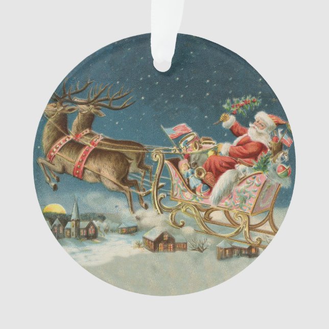 Santa Claus Christmas Antique Sleigh Reindeer Ornament (Front)
