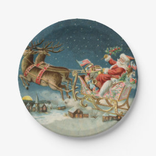 Santa Claus Christmas Antique Sleigh Reindeer Paper Plate