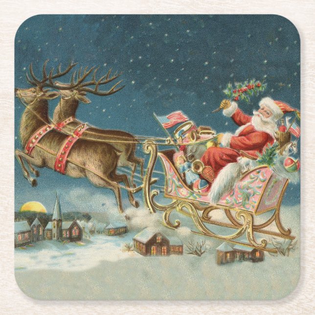 Santa Claus Christmas Antique Sleigh Reindeer Square Paper Coaster (Front)