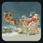 Santa Claus Christmas Antique Sleigh Reindeer Square Sticker<br><div class="desc">Christmas Santa on his sleigh - This image is from an old antique Christmas card from the 1800s. It shows santa on his sleigh on Christmas Eve,  with his reindeer and toys!</div>