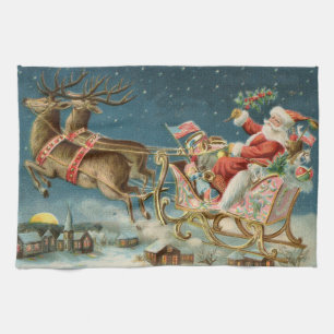 Santa Claus Christmas Antique Sleigh Reindeer Tea Towel
