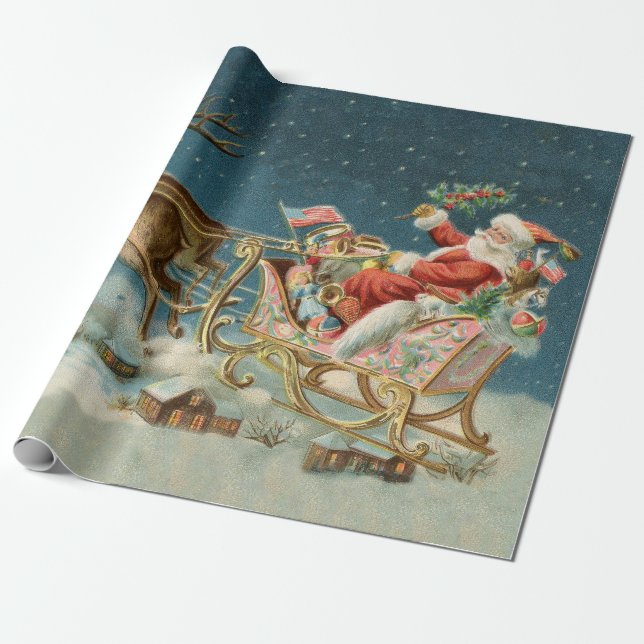 Santa Claus Christmas Antique Sleigh Reindeer Wrapping Paper (Unrolled)