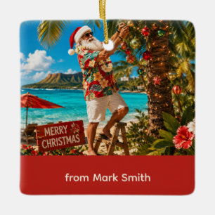 Santa Claus Christmas at the beach Ceramic Ornament
