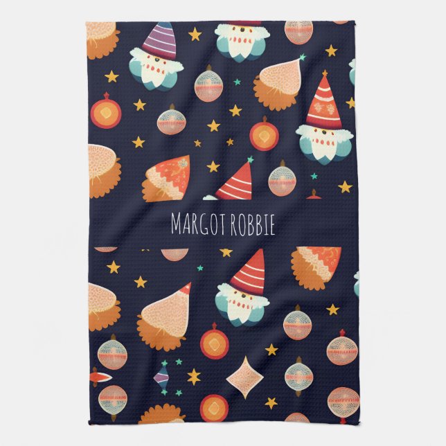 Santa Claus Christmas Decorations Retro Pattern Tea Towel (Vertical)