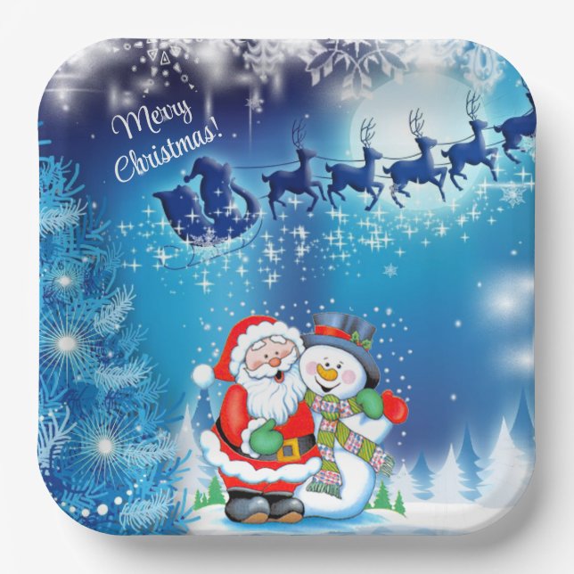 Santa Claus Christmas Eve Reindeer Snowman Paper P Plate (Front)
