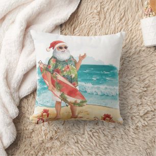 Santa Claus Christmas in July at the beach surfer Cushion