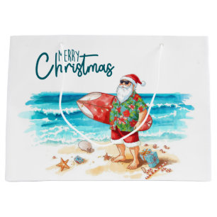 Santa Claus Christmas in July at the beach surfer Large Gift Bag