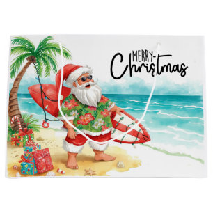 Santa Claus Christmas in July at the beach surfer Large Gift Bag