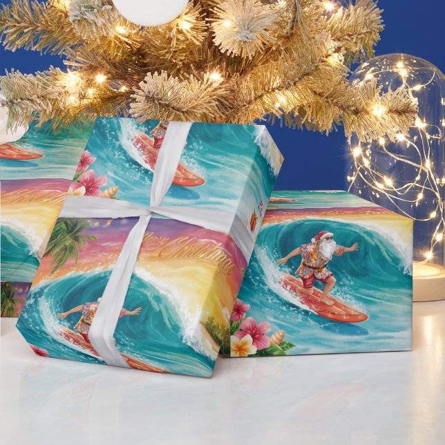 Santa Claus Christmas in July at the beach surfer Wrapping Paper (Holidays)
