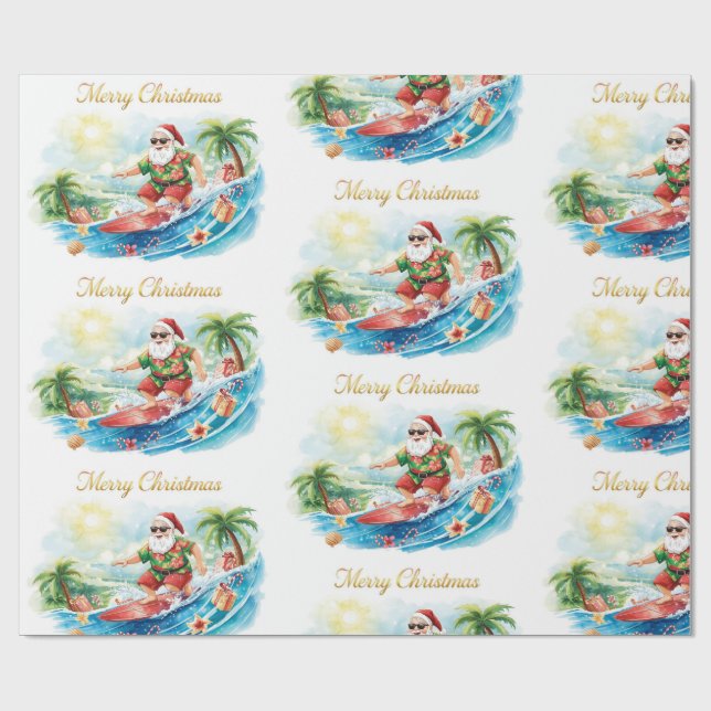 Santa Claus Christmas in July at the beach surfer Wrapping Paper (Flat)