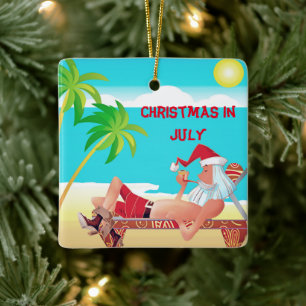 Santa Claus Christmas In July Summer Beach Party  Ceramic Ornament