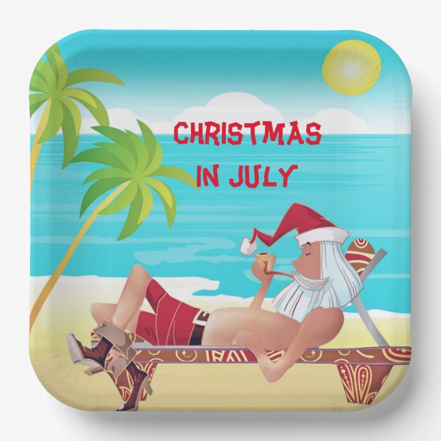 Santa Claus Christmas In July Summer Beach Party  Paper Plate (Front)