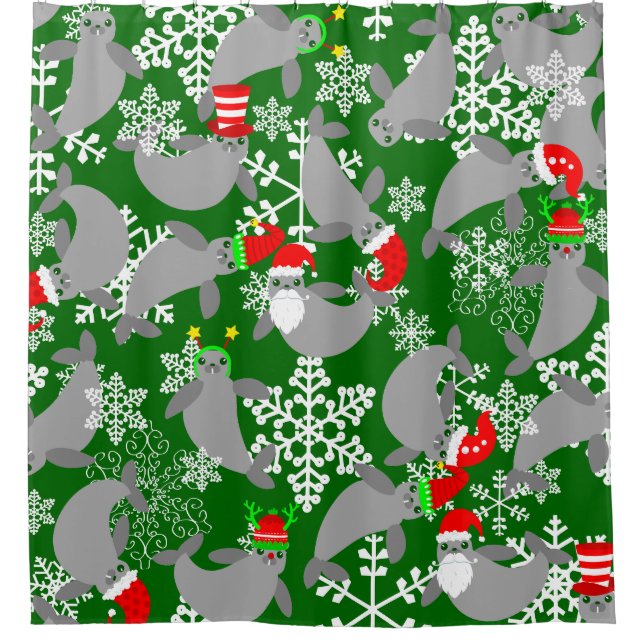 santa claus christmas manatee green shower curtain (Front)