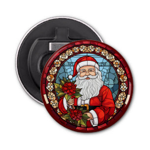 Santa Claus Christmas Poinsettia Refrigerator Bottle Opener