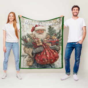 Santa Claus Christmas Presents Red Sack Pine Branc Fleece Blanket