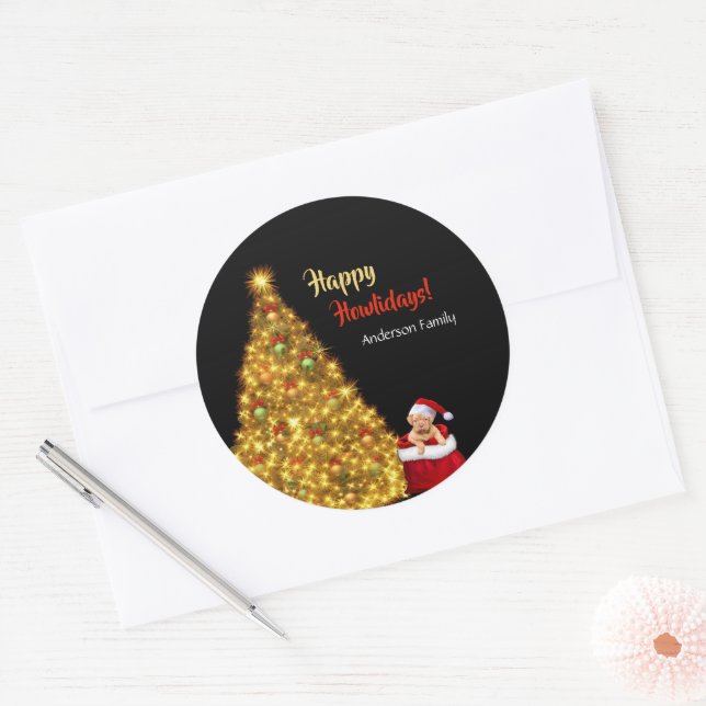 Santa Claus Christmas Puppy Dog Personalise Classic Round Sticker (Envelope)