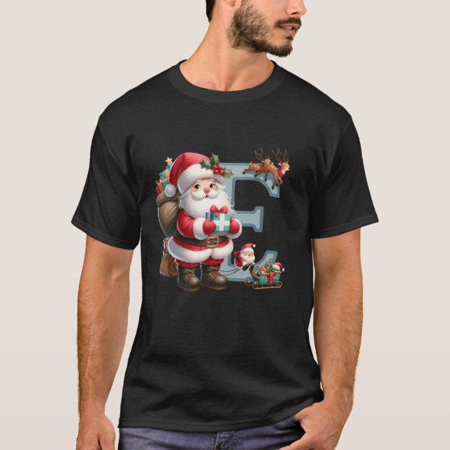 Santa Claus Christmas Reindeer Joy Monogram Letter T-Shirt (Front)