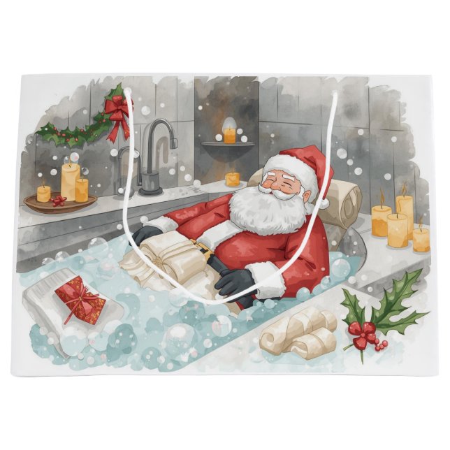 Santa Claus Christmas Spa Bath Tub Large Gift Bag (Front)