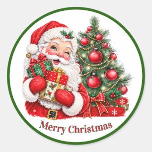 Santa Claus Christmas Tree and Gifts Classic Round Sticker