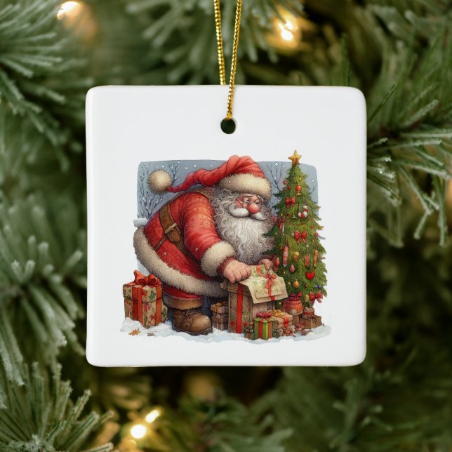 Santa Claus, Christmas Tree and Gifts Customised Ceramic Ornament (Tree)