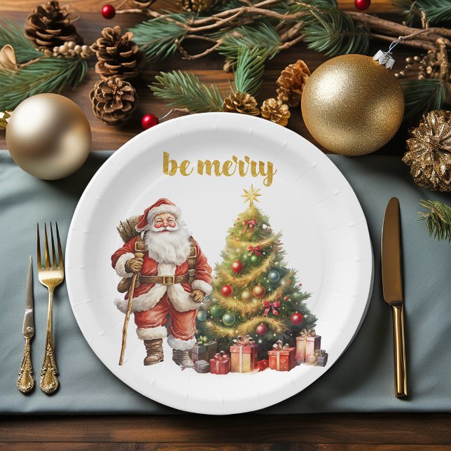 Santa Claus Christmas Tree Be Merry Paper Plate (Creator Uploaded)