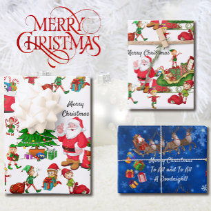 Santa Claus Christmas Tree Elves Reindeer Gifts Wrapping Paper Sheet