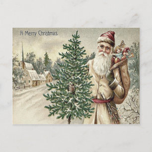 Santa Claus Christmas Tree Sack of Toys Church Holiday Postcard