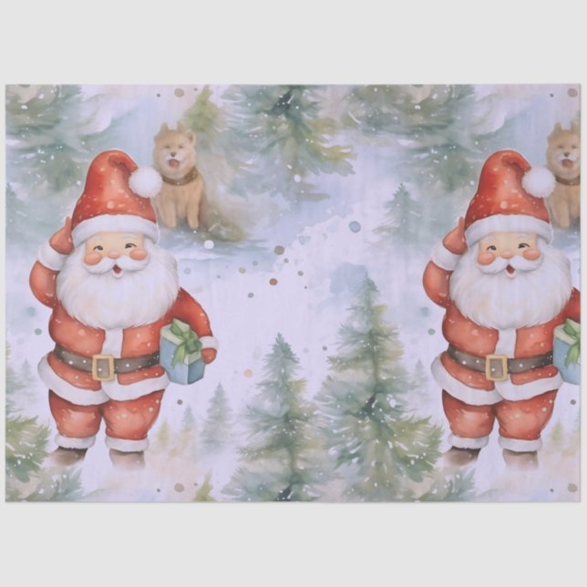 Santa Claus Christmas Trees Dogs Christmas Tissue Paper (Front)