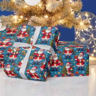 Santa Claus Christmas Trees Presents Cheerful Wrapping Paper