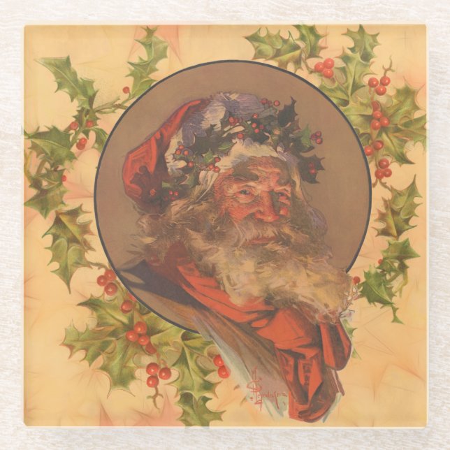 Santa Claus Christmas Vintage Portrait Glass Coaster (Front)