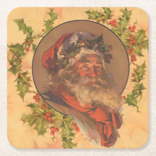 Santa Claus Christmas Vintage Portrait Square Paper Coaster