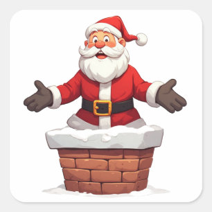 Santa Claus Coming Down Chimney Merry Christmas Square Sticker