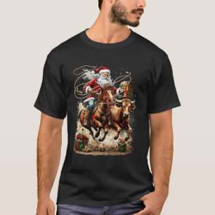 Santa Claus Cowboy Riding Horse Cow Western Rodeo T-Shirt