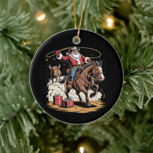 Santa Claus Cowboy Vintage Christmas Horse Cow Ceramic Ornament